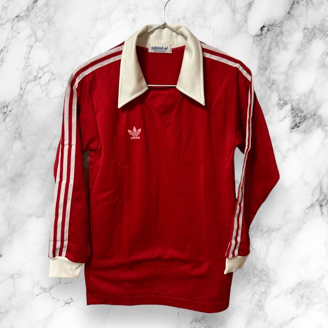 adidas スポーツ シャツ デッドストック ビンテージ トップス レッド ライン サッカー 70s 80s Sサイズ 長袖シャツ デサント アディダス_画像2