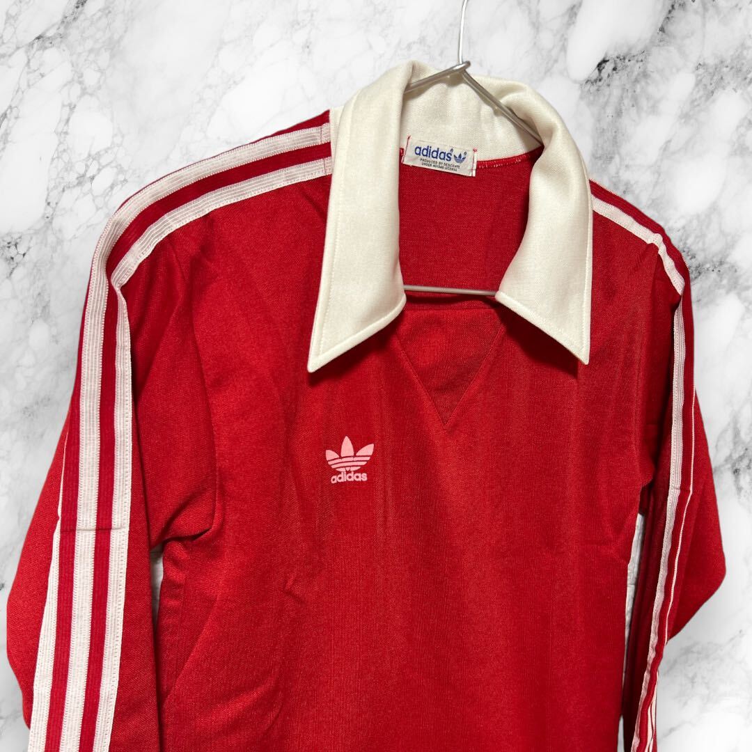 adidas スポーツ シャツ デッドストック ビンテージ トップス レッド ライン サッカー 70s 80s Sサイズ 長袖シャツ デサント アディダス_画像3