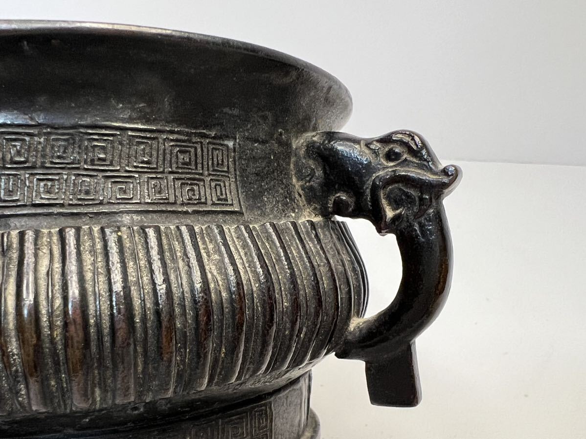中国古美術 古銅 宋時代 銅製香炉 唐物 金属工芸 唐銅 饕餮紋 火鉢 重量971g 在銘 中国古玩 古物保証 