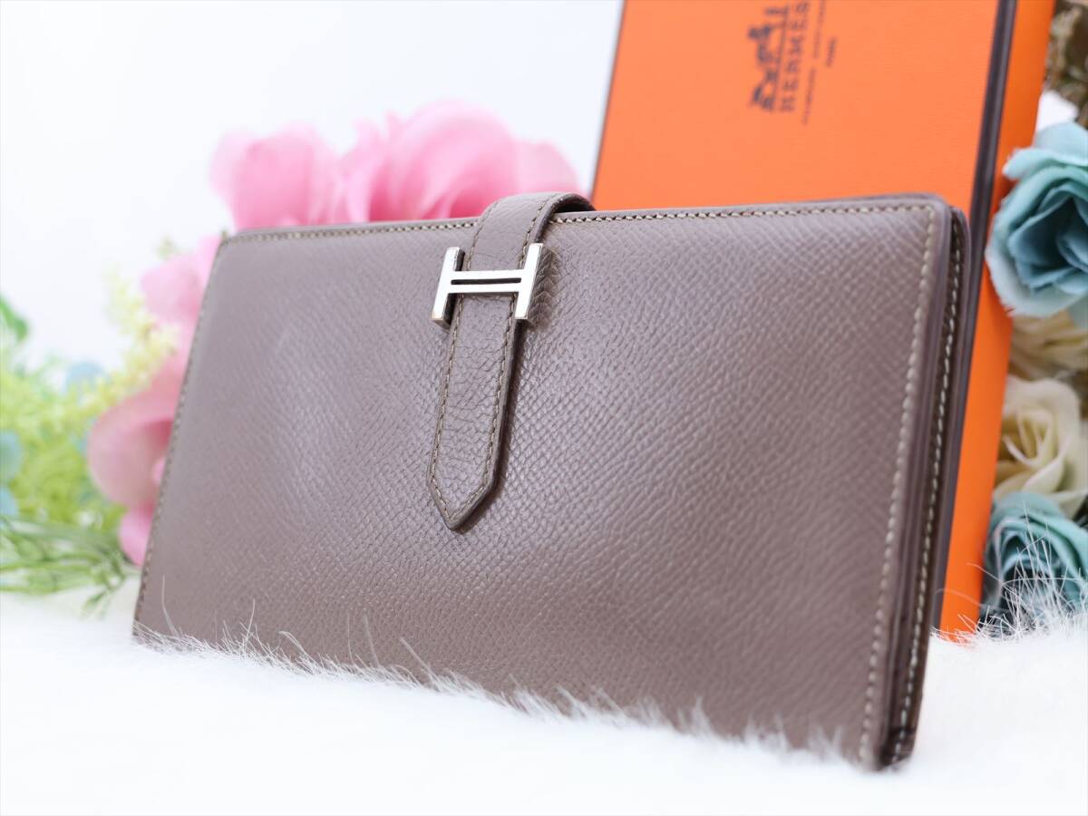 【1円 スタート】 ≪美品≫ HERMES エルメス ベアン スフレ SV金具 長財布 エトゥープ グレージュ メンズ レディース クリーニング済 箱有 