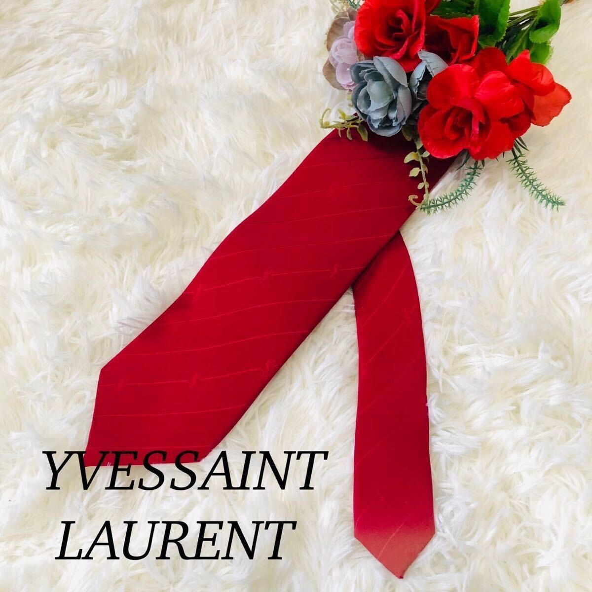 YvesSaintLaurent イヴサンローラン YSL メンズ 男性 紳士 ネクタイ ブランドネクタイ 総柄 YSL柄 ロゴ 赤 レッド 結婚式 モード 剣先 8cmの画像1