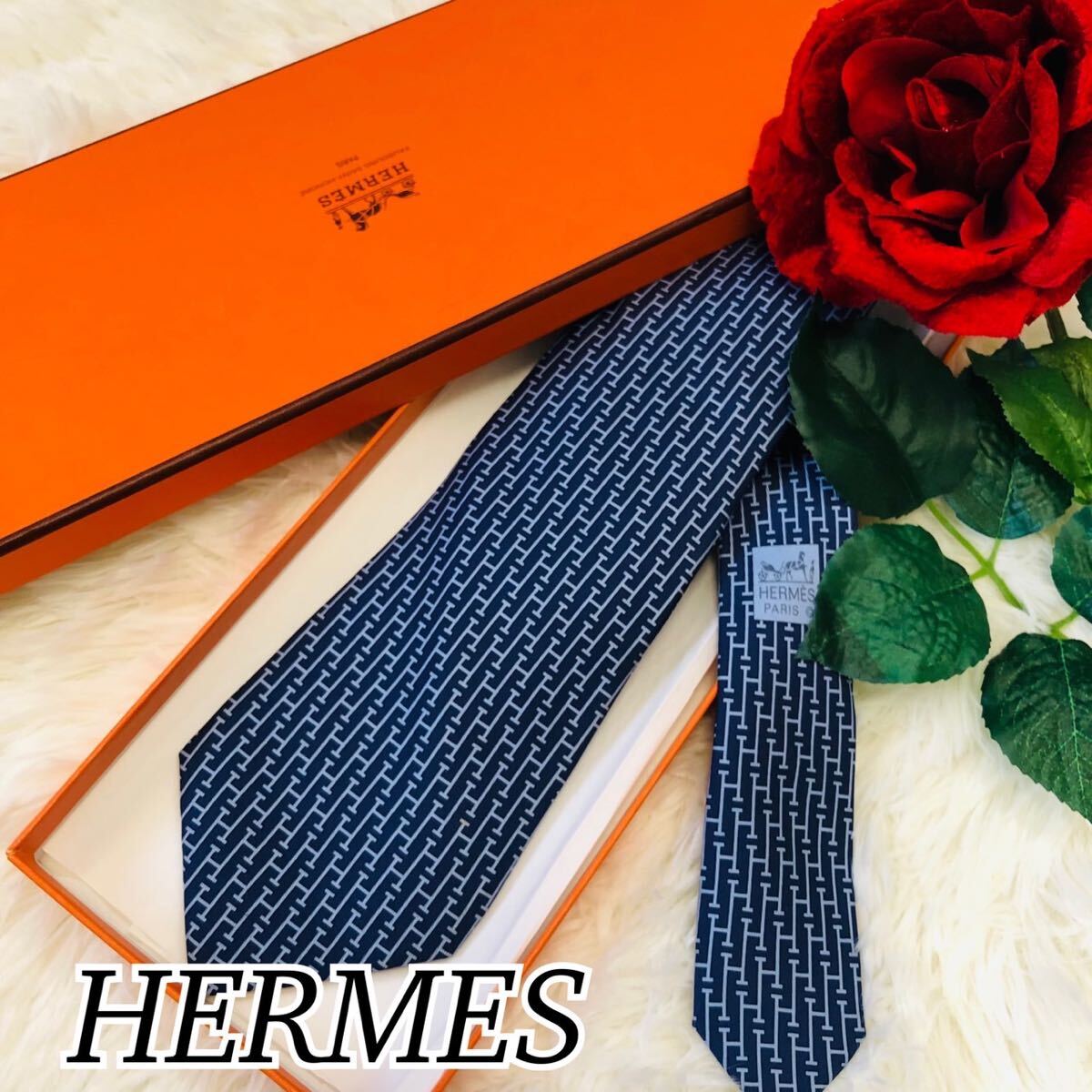 HERMES Hermes men's man gentleman necktie brand necktie total pattern H pattern navy navy blue blue blue standard color popular wedding ..9.3cm