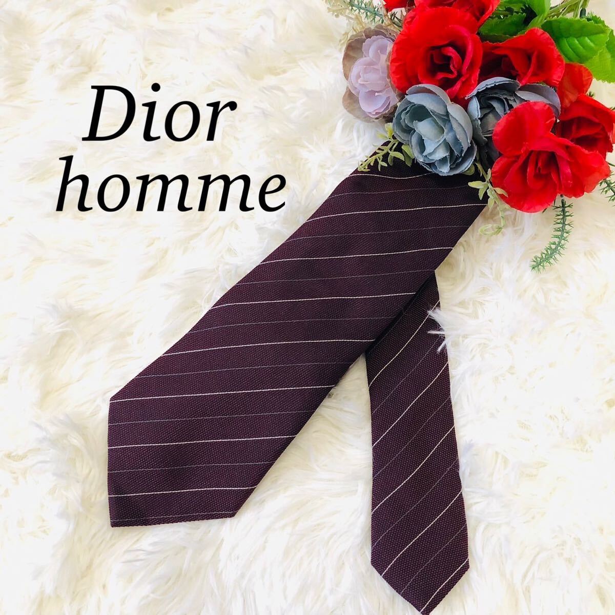 DiorHOMME ディオールオム ネクタイ ブランドネクタイ ボルドー ストライプ ビジネス 結婚式 Dior DIOR 結婚式 ビジネス 美品 剣先 8.2cmの画像1