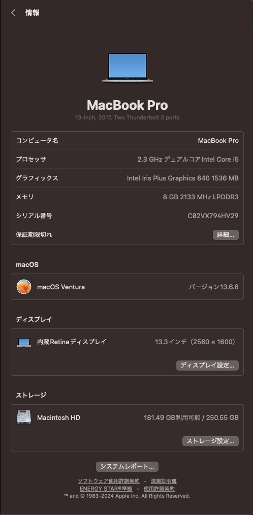 MacBook Pro 13.3インチ 2017年 A1708 スペースグレイ Core i5 メモリ8GB SSD256GB _画像8