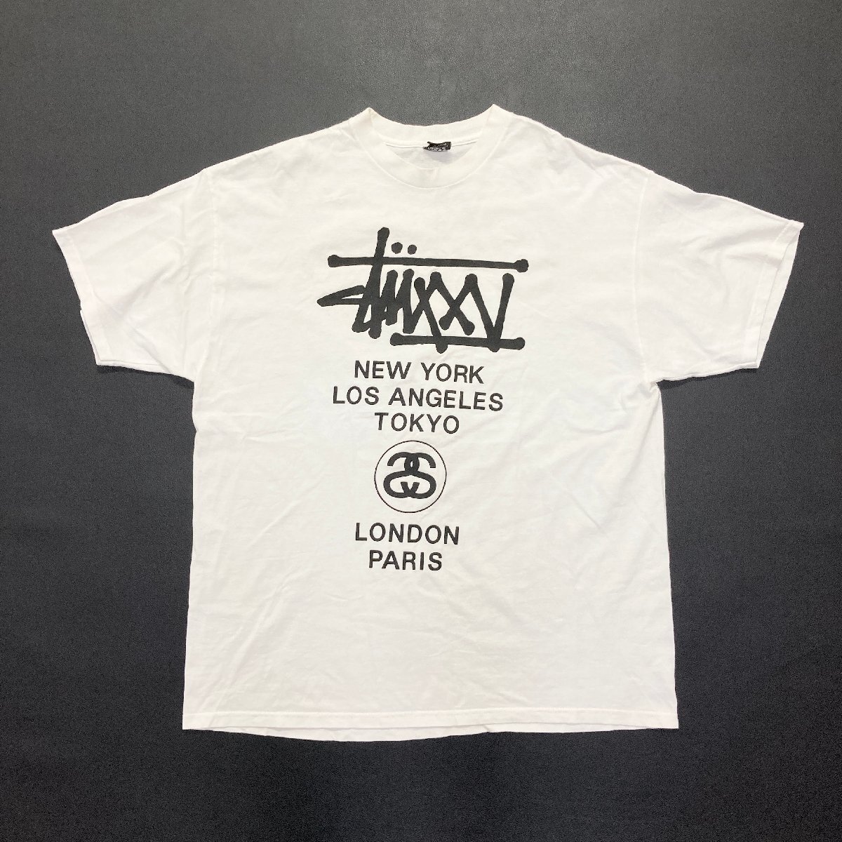 ●00s STUSSY ステューシー Tシャツ トップス 半袖 ロゴ プリント 初期タグ 斜タグ バイアスタグ ホワイト メンズ サイズXL 0.27kg●