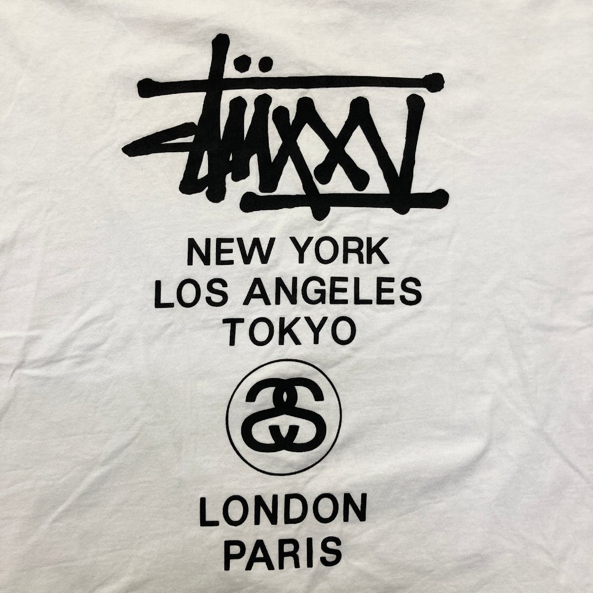 ●00s STUSSY ステューシー Tシャツ トップス 半袖 ロゴ プリント 初期タグ 斜タグ バイアスタグ ホワイト メンズ サイズXL 0.27kg●