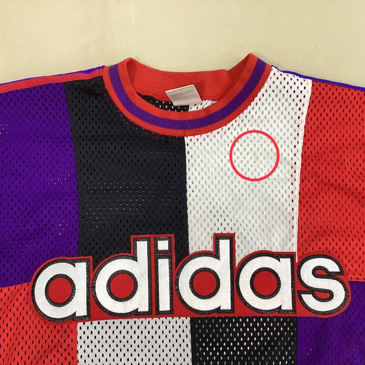 ■80s-90s 銀タグ adidas アディダス デサント製 メッシュ7分丈配色切替トップス Y2K ヴィンテージ 日本製 サイズL-0 赤紫系/0.32kg■_画像3