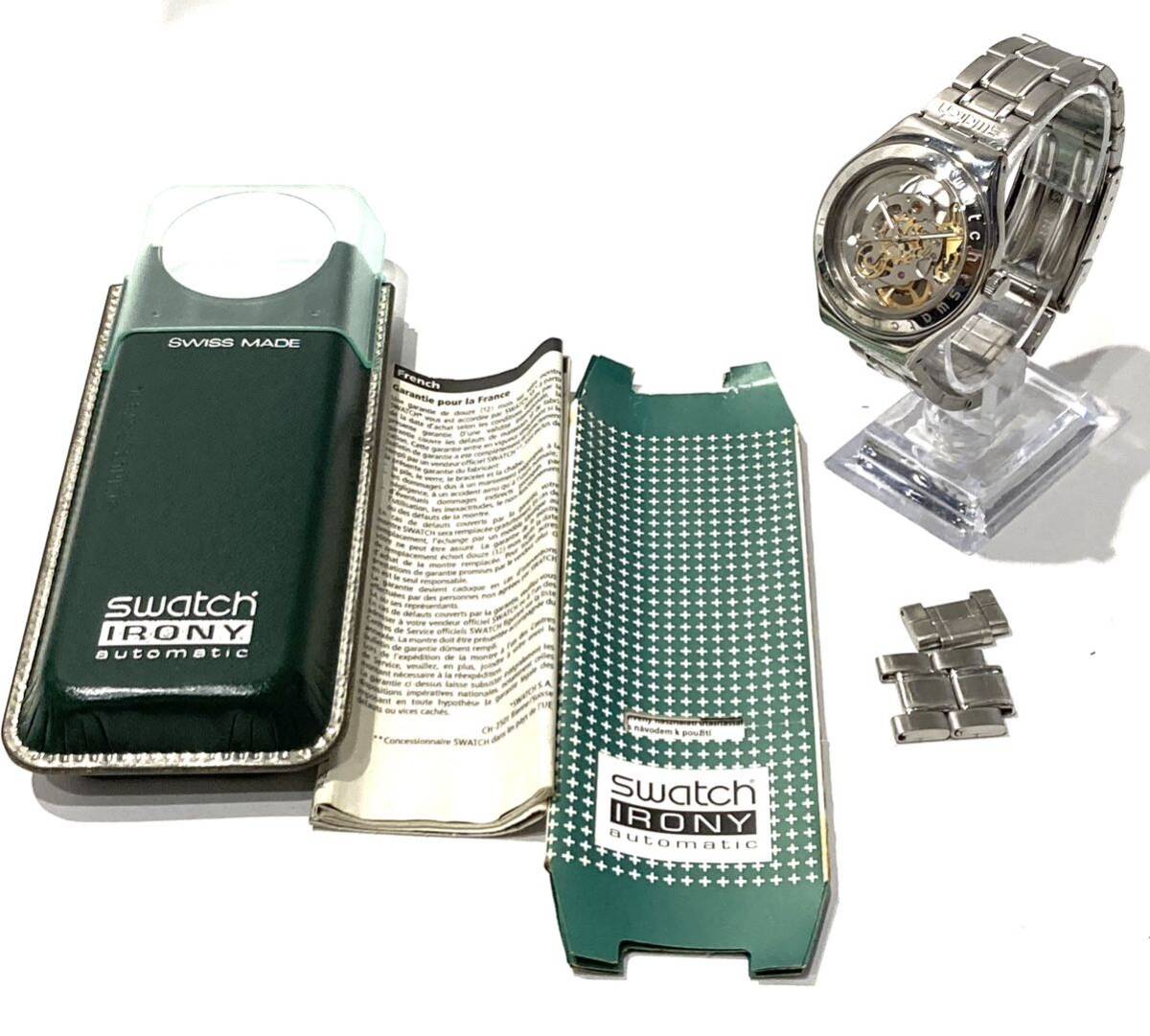 △bk-720 スウォッチ Swatch アイロニー IROY 自動巻き メンズ腕時計 スケルトン ラウンド 21石 3針 スイス製 ケース コマ付き(S105-14)の画像2