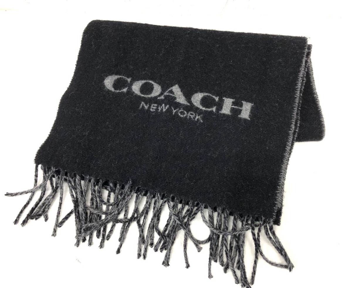 COACH コーチ マフラー ストール 羊毛 カシミヤ混 ブラック×グレー フリンジあり 中国製 現状品 O168-5_画像1