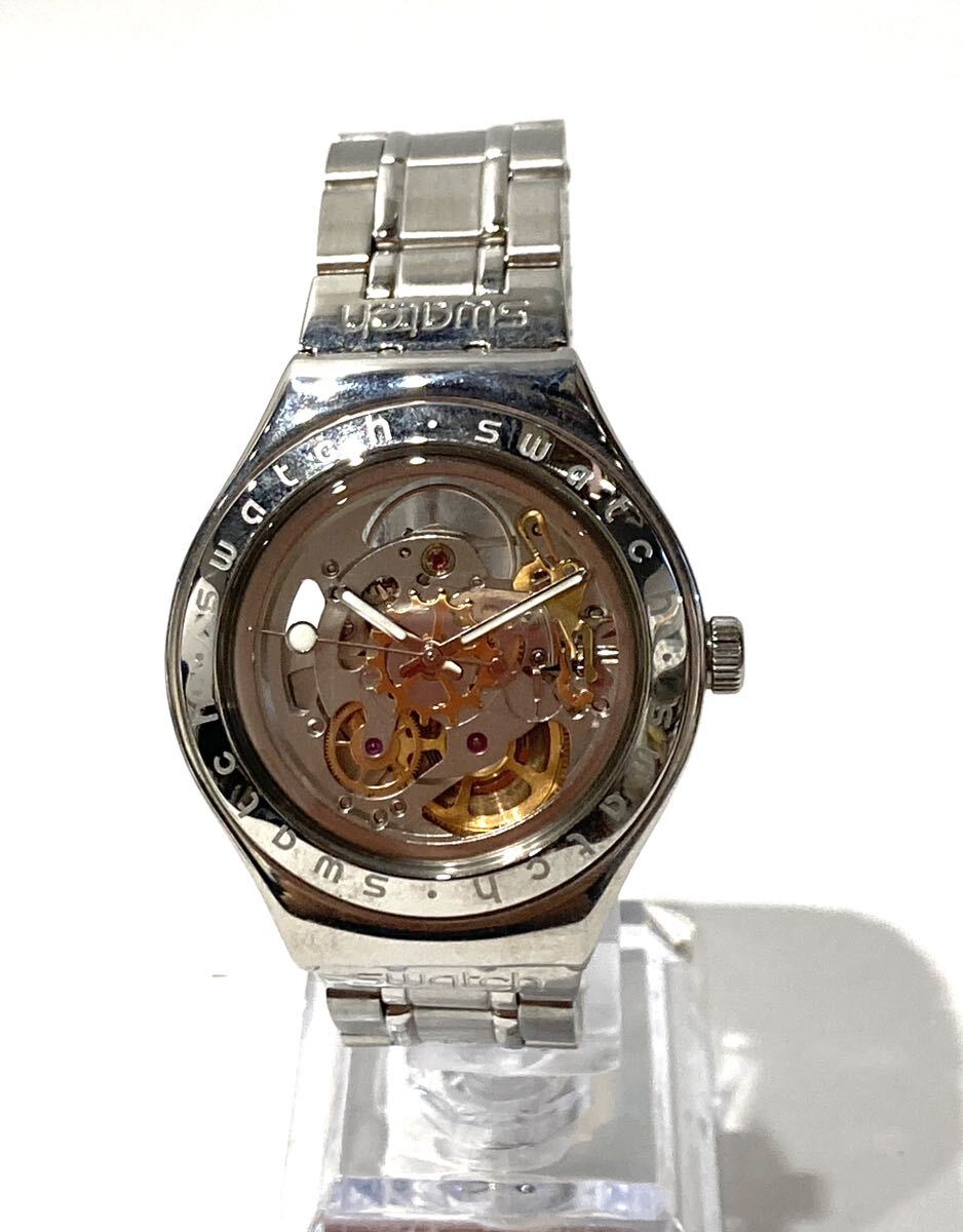 △bk-720 スウォッチ Swatch アイロニー IROY 自動巻き メンズ腕時計 スケルトン ラウンド 21石 3針 スイス製 ケース コマ付き(S105-14)の画像1