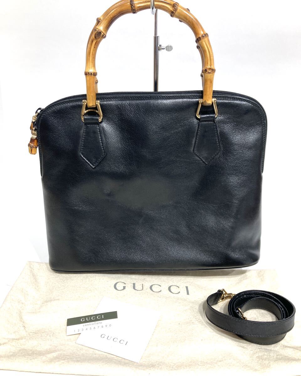 bk-668 GUCCI グッチ 000 0289 バンブー レザー2WAY ショルダー トート ハンドバッグ レディース ブラック 保存袋(N397-1)_画像1