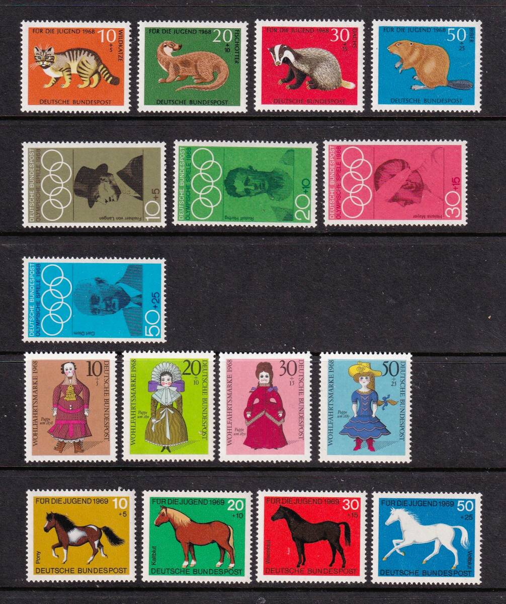 ★ドイツ・慈善 ≪小動物/五輪・他≫1968-69年 16種完/NH Scott#B430～445の画像1