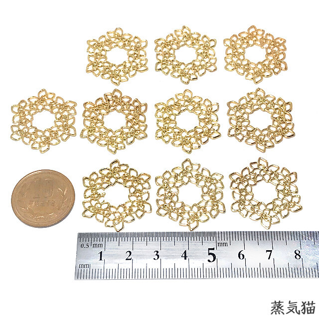 c5645 透かし六角パーツ 30mm ゴールド 10個【透かしフラワー 花ハンドメイド用アクセサリーパーツ素材】蒸気猫パーツ