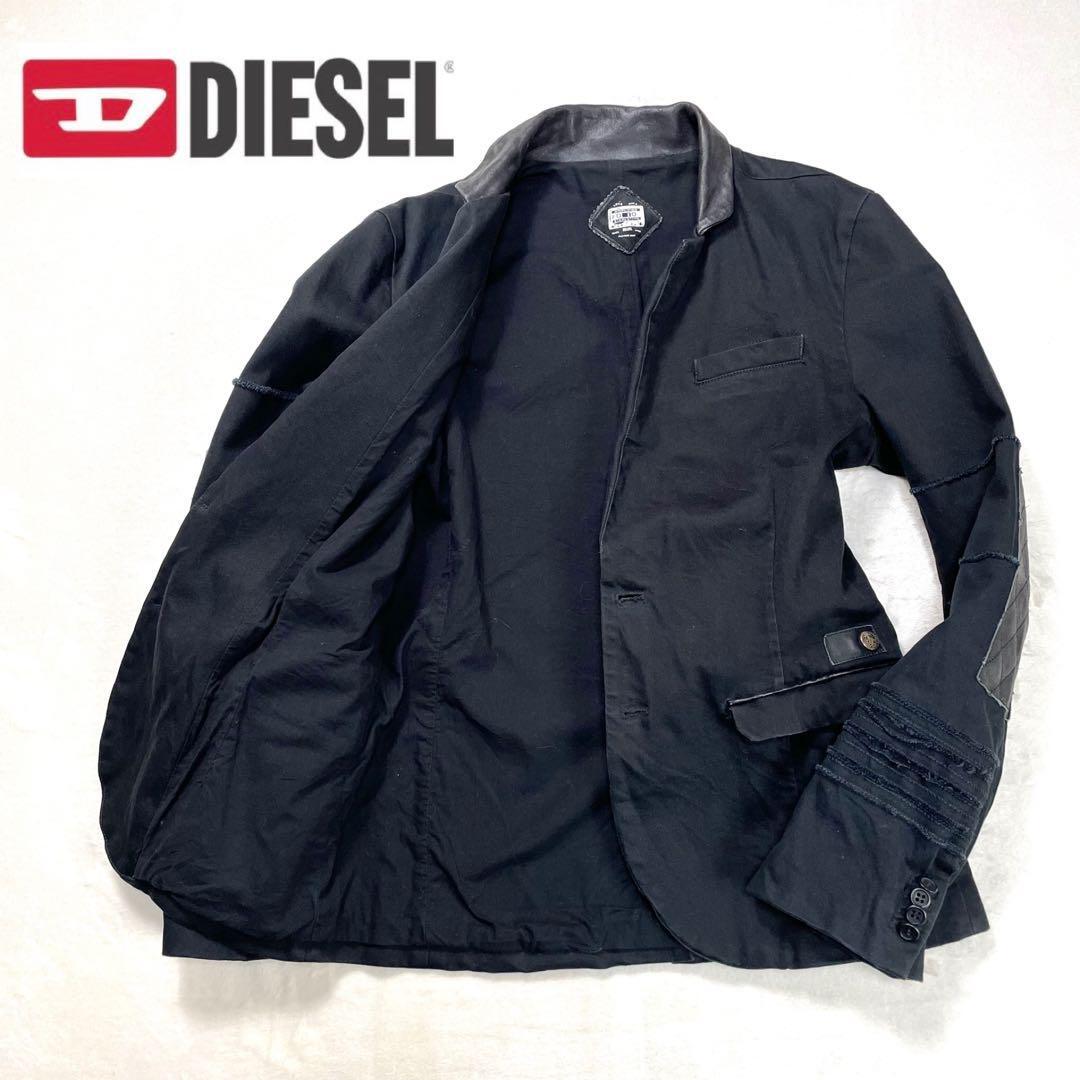 DIESEL ディーゼル 羊皮 レザー切替 コットンツイル 2B テーラードジャケット M ブレザー ブラック エルボーパッチ の画像1