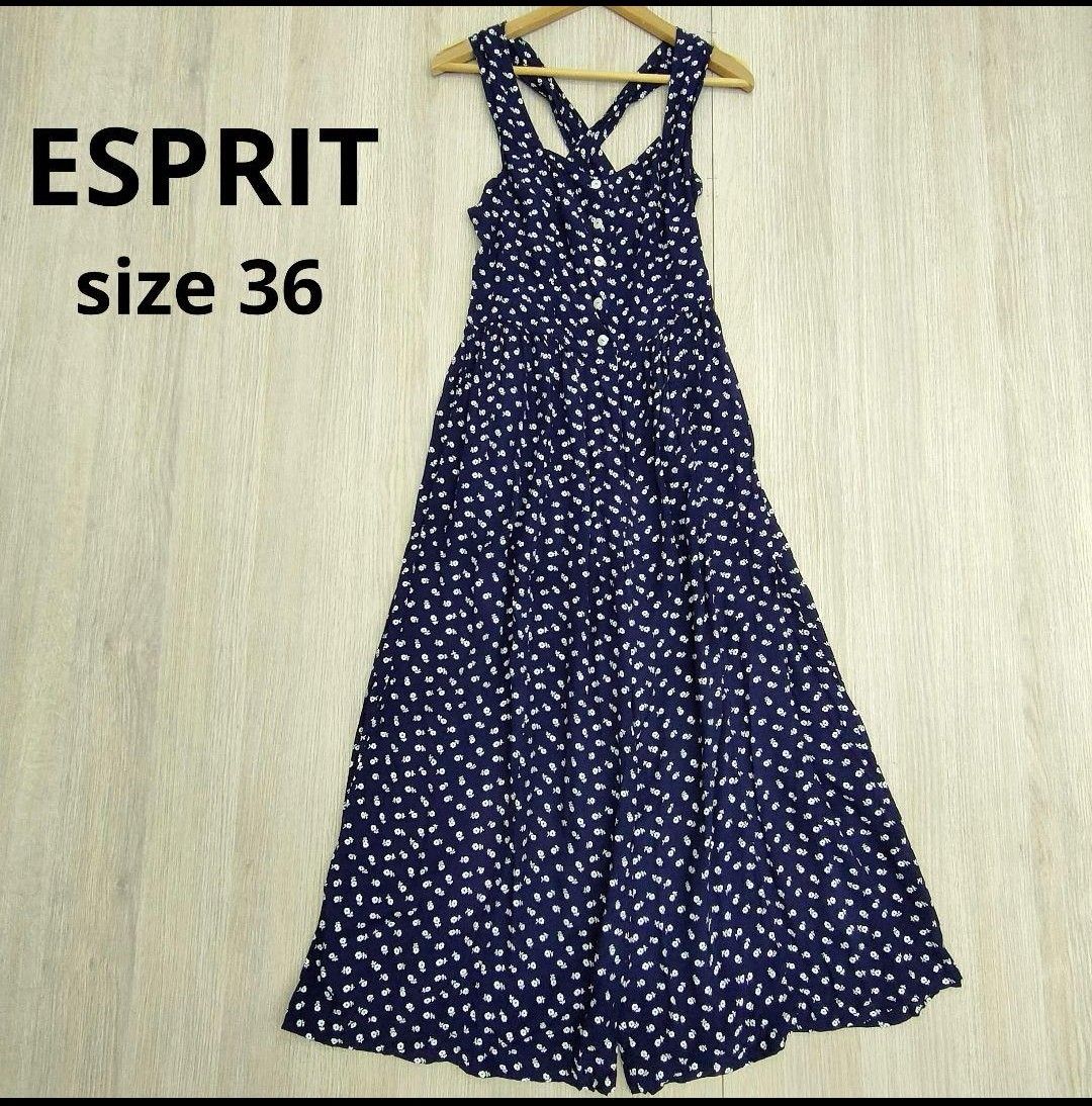 ESPRIT エスプリ 小花柄 オールインワン 紺色 サイズ36 ポケットあり