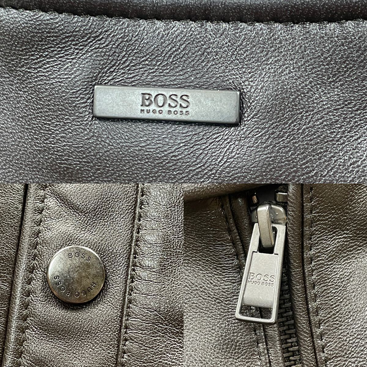 極美品 【希少2XL】HUGO BOSS ヒューゴボス シングル ライダース ジャケット ロゴプレート ラムレザー 羊革 本革 ダークブラウン 茶 黒系色の画像9