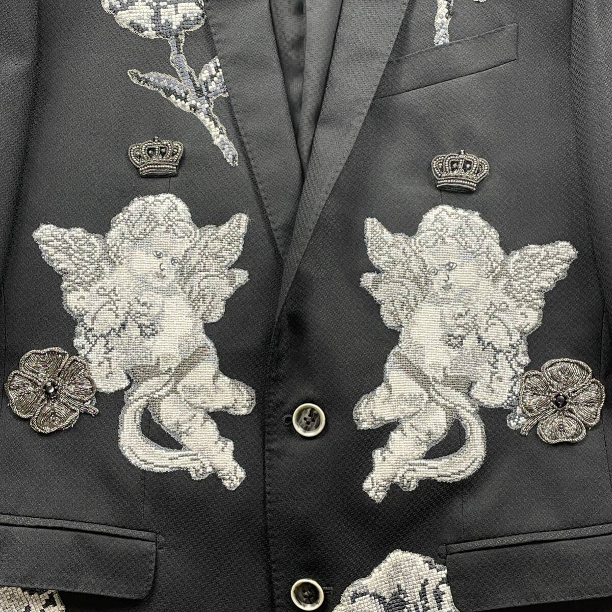 [ обычная цена 80 десять тысяч ] действующий редкий Dolce & Gabbana DOLCE&GABBANA Dolce&Gabbana tailored jacket вышивка ангел Crown .. шелк черный чёрный 