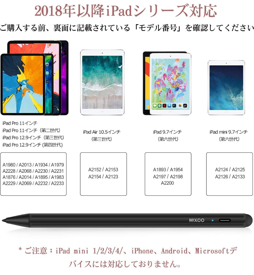 Mixoo タッチペン iPadペン 極細 2個交換ペン先 誤作動防止 自動オフUSBC急速充電 2018年以降iPad/iPad Pro/iPad air/iPad mini対応 A33