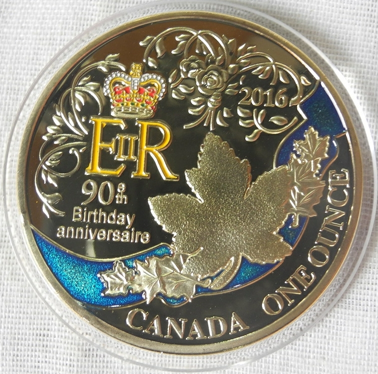 カナダ コレクションコイン エリザベス女王誕生90周年 記念金メダル カラー 1oz 1オンス 24金メッキ メイプルリーフ（検 金貨の画像1