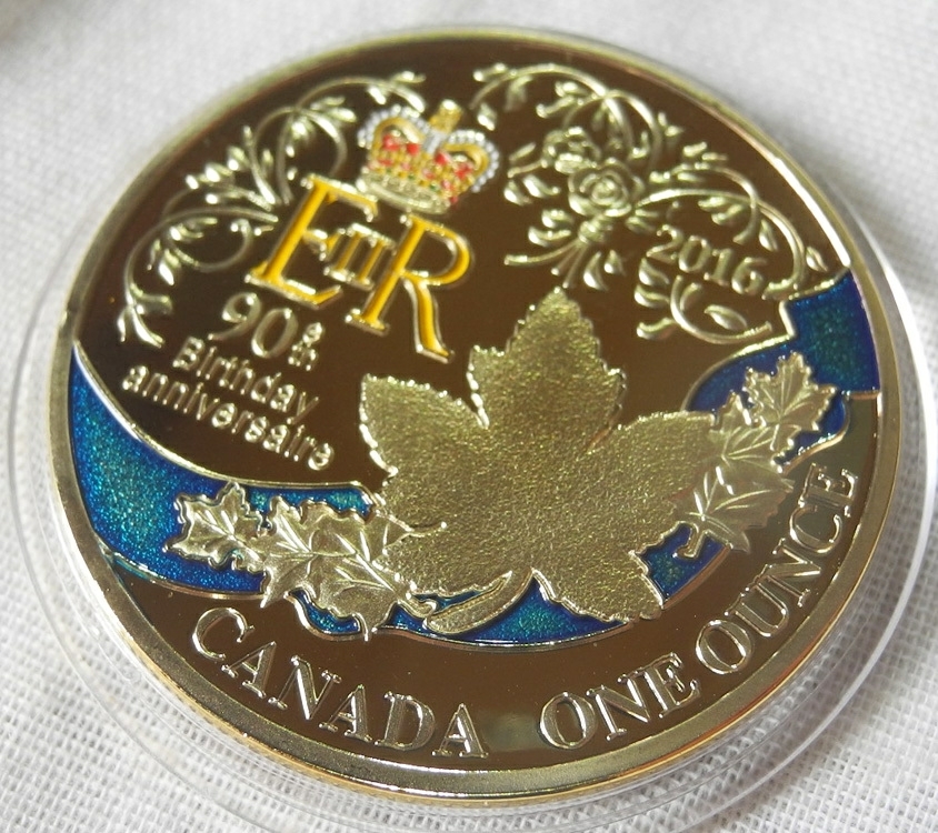 カナダ コレクションコイン エリザベス女王誕生90周年 記念金メダル カラー 1oz 1オンス 24金メッキ メイプルリーフ（検 金貨の画像3