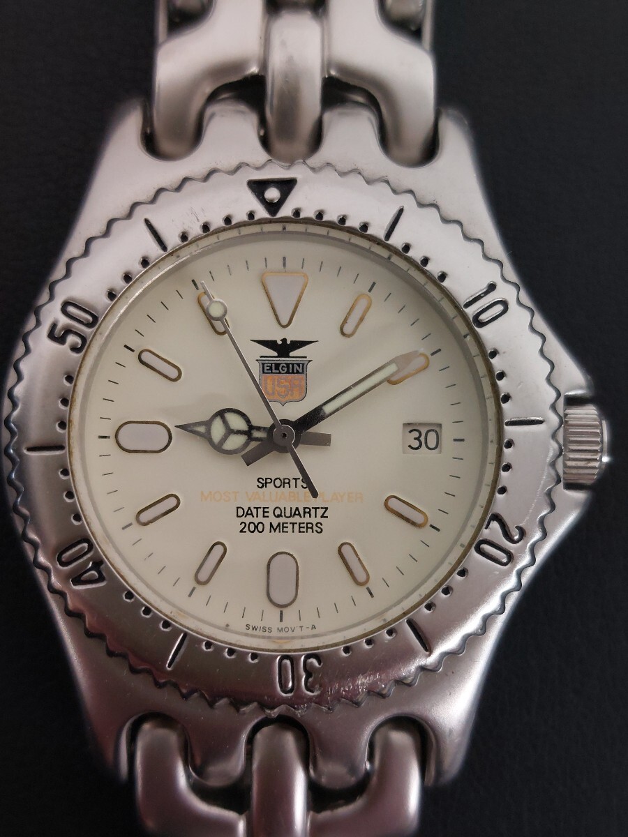 13933 ELGIN.USA.エルジン 腕時計 クォーツ FK-358-A SPORTS デイト 200ｍ アイボリー文字盤 デイト メンズ腕時計 現状品の画像2
