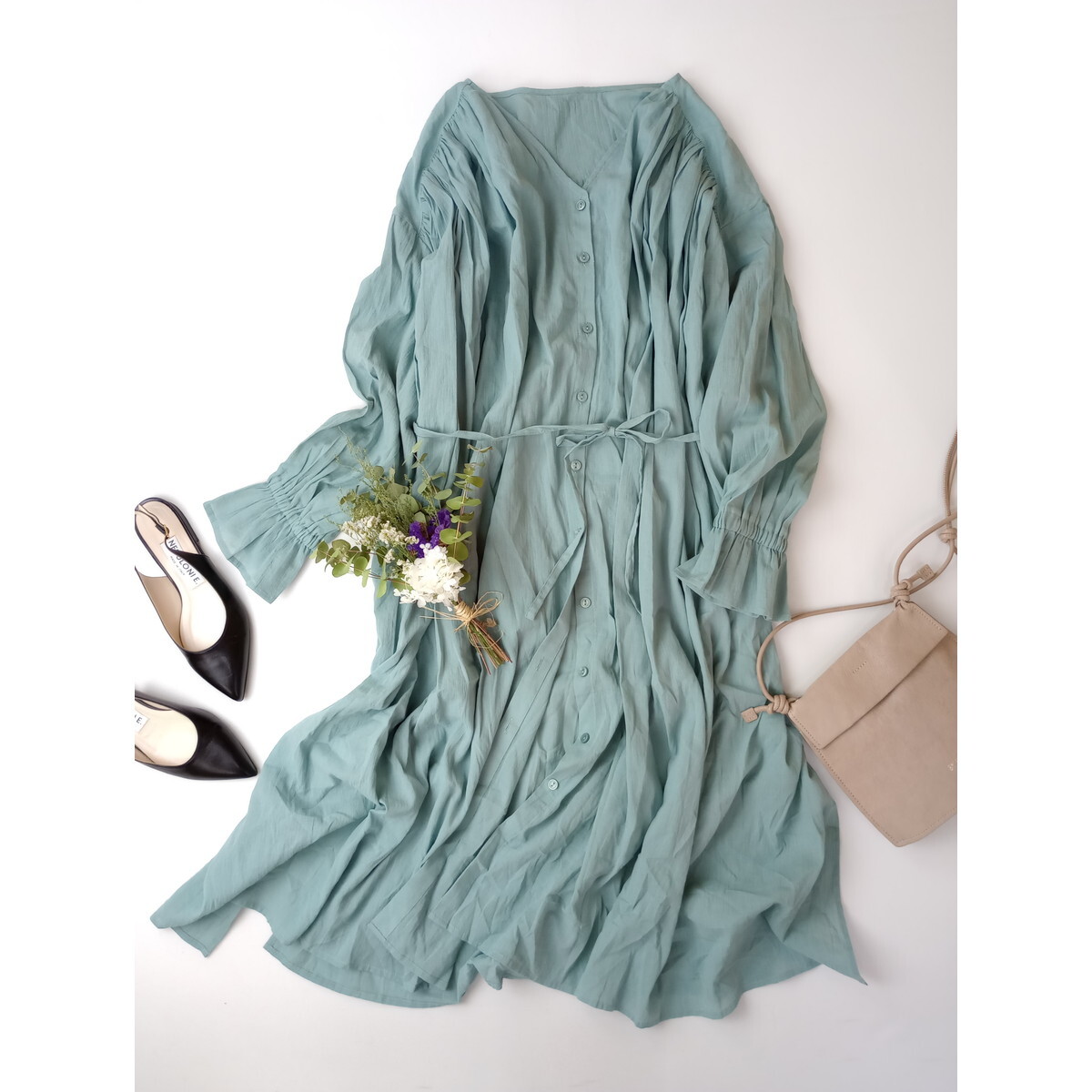  rib in comfort FELISSIMO[ one day . bright ......] spring color long sleeve pin tuck long shirt One-piece mint blue S(25K+8267)