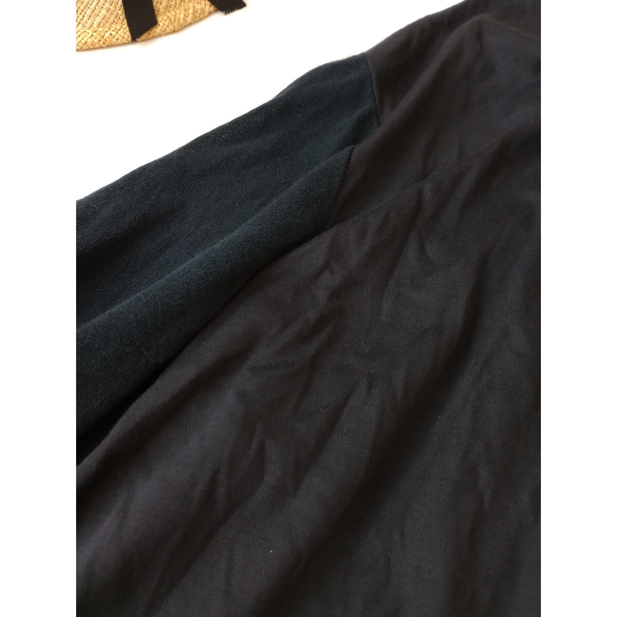 laf... ラエフ「これこれ！わたしの味方服」異素材使い ドッキング ロング 長袖 カーディガン 羽織り 44 日本製 ネイビー 紺 (24K+0624)の画像3