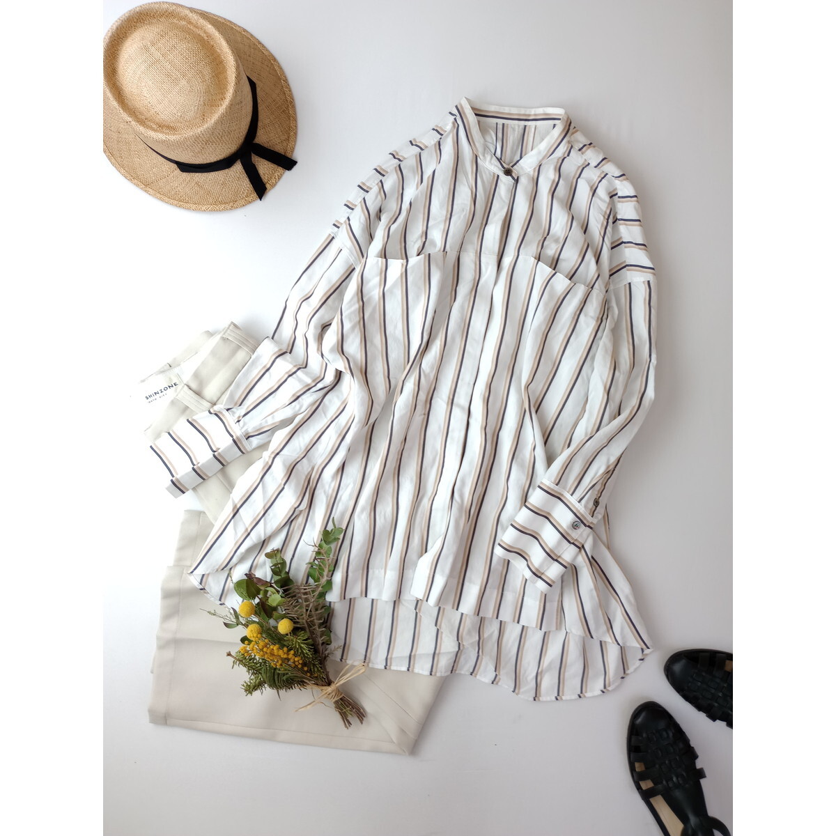 la.f...laef[ again, cotton plant . ornament . not.] band color stripe shirt blouse long sleeve 2S (56K+0867)