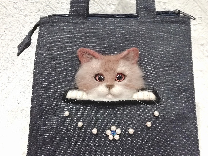 羊毛フェルト 猫 猫ちゃんデニムミニトートバッグ（内側アルミコーティング）ランチバッグ・トートバッグ・バッグの画像8