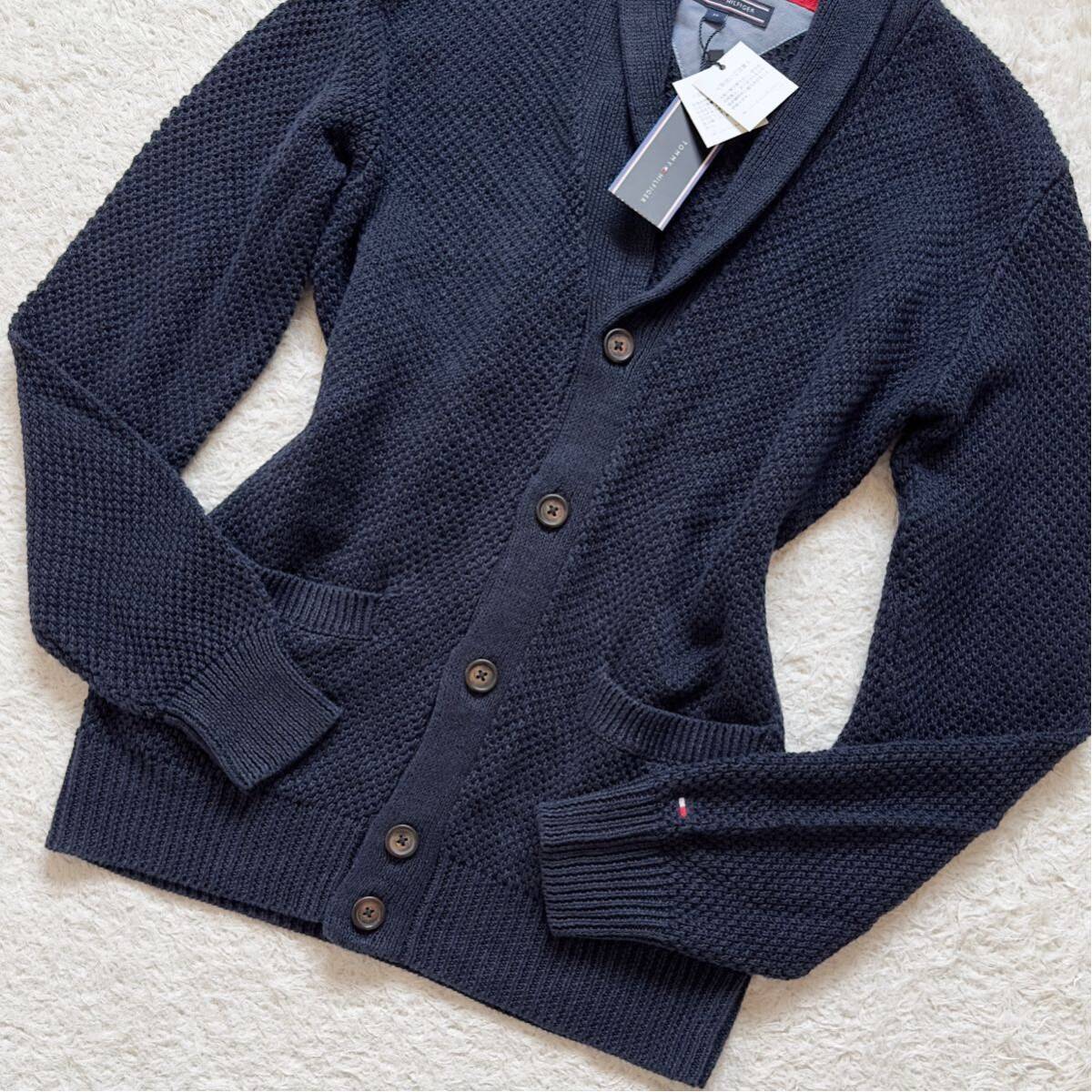  unused tag attaching / Tommy Hilfiger TOMMY HILFIGER summer knitted jacket cardigan shawl color linen100% flax navy navy blue M