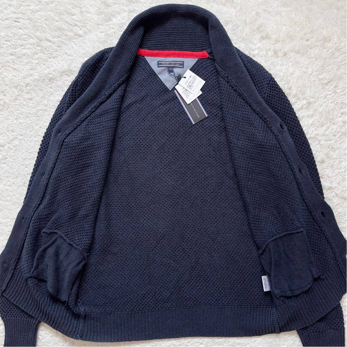  unused tag attaching / Tommy Hilfiger TOMMY HILFIGER summer knitted jacket cardigan shawl color linen100% flax navy navy blue M