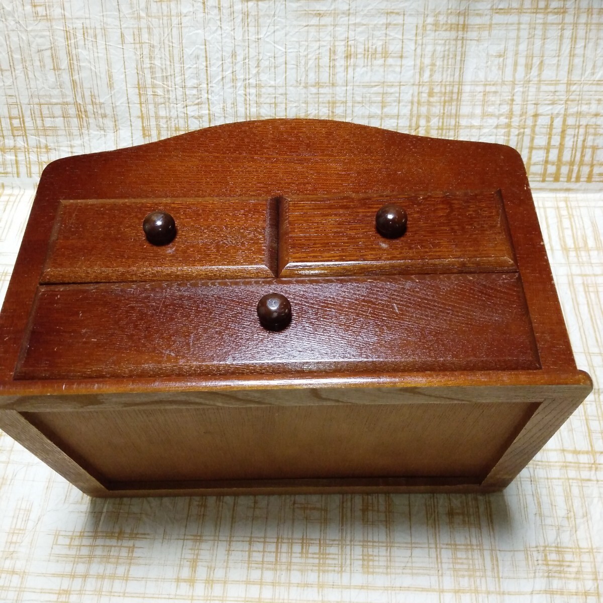 レトロ 木製 裁縫箱 道具箱 Y-Wood 無垢材 組木細工 オマケでネコの置物お付けします_画像7
