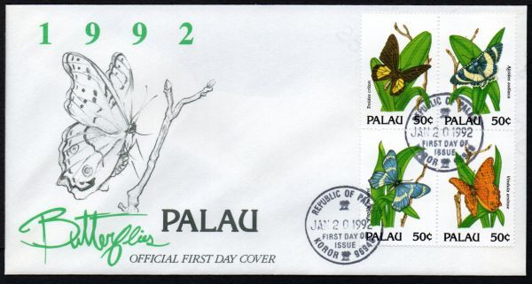 FDC J189 パラオ 昆虫 蝶 花 4V完貼り 1992年発行 初日カバーの画像1