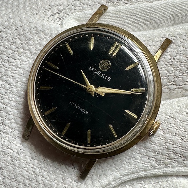 MOERIS Morris 17 stone black face Gold hand winding clock wristwatch man men's fashion antique junk 0