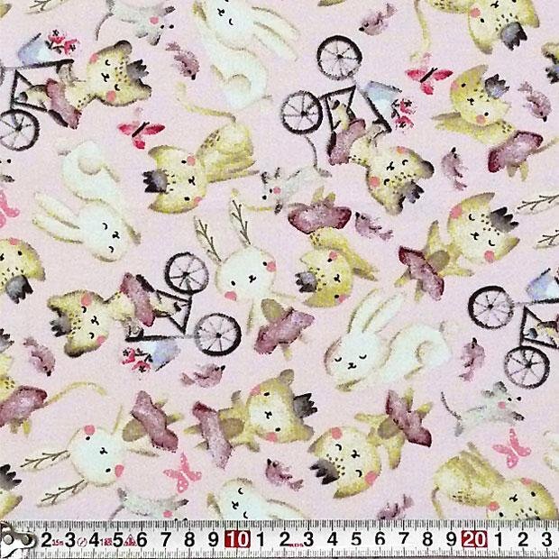 3w3870 自転車のネコ、ウサギ、お花、小鳥 トス ピンク シーティング コットン USA_画像1