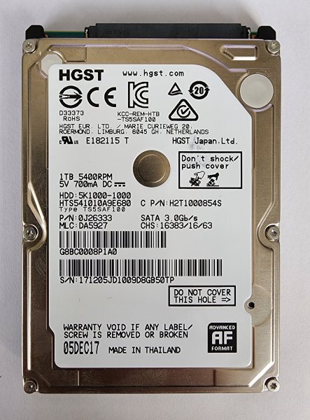 【正常判定】1TB HDD 使用約1,182時間 HGST HTS541010A9E680 5400rpm 9.5mm 2.5インチ ハードディスク【送料無料】_画像1