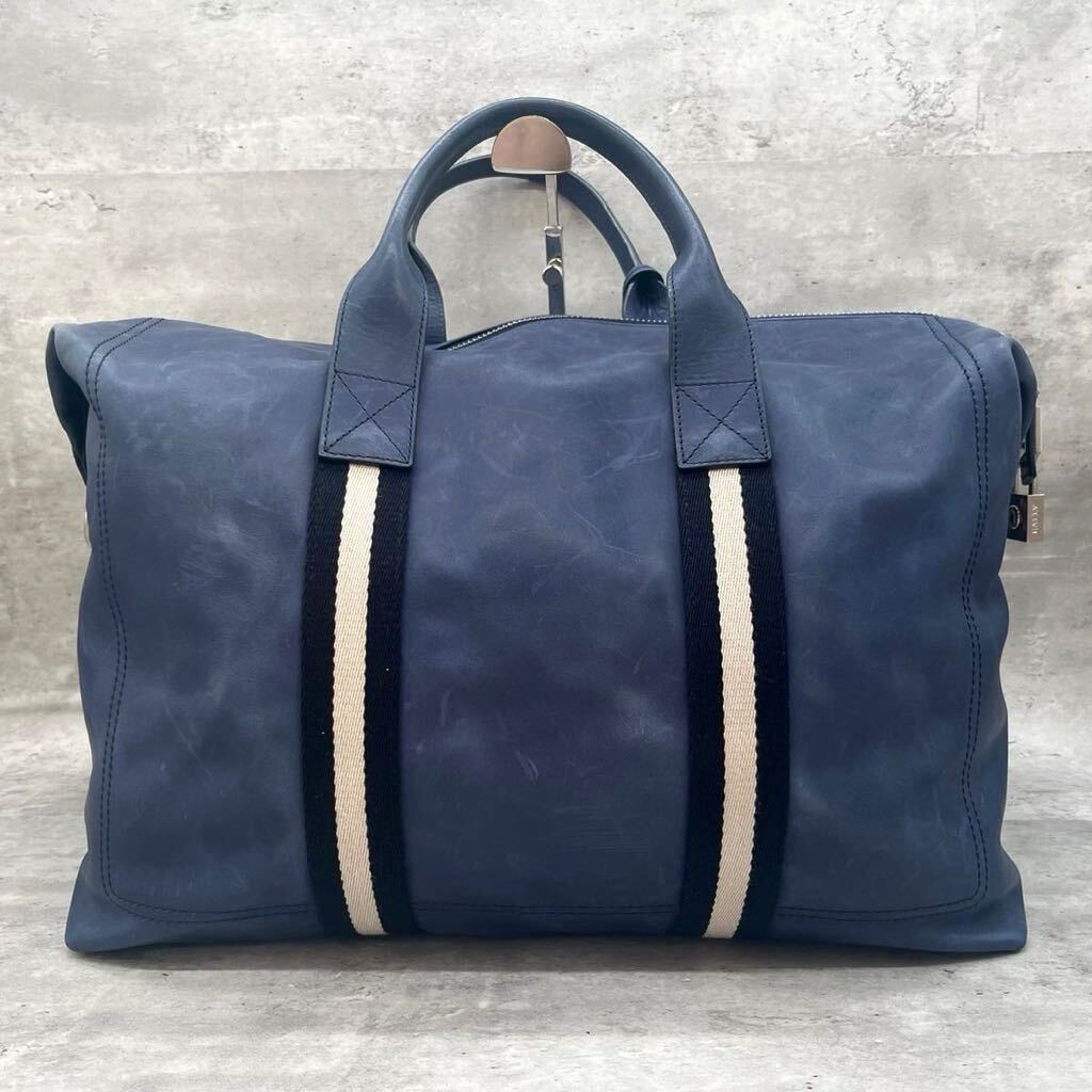 【希少色/美品】BALLY バリー ボストンバッグ ハンド トート トラベルバッグ ショルダー 2way トレスポ メンズ ビジネス レザー ブルー 青の画像3