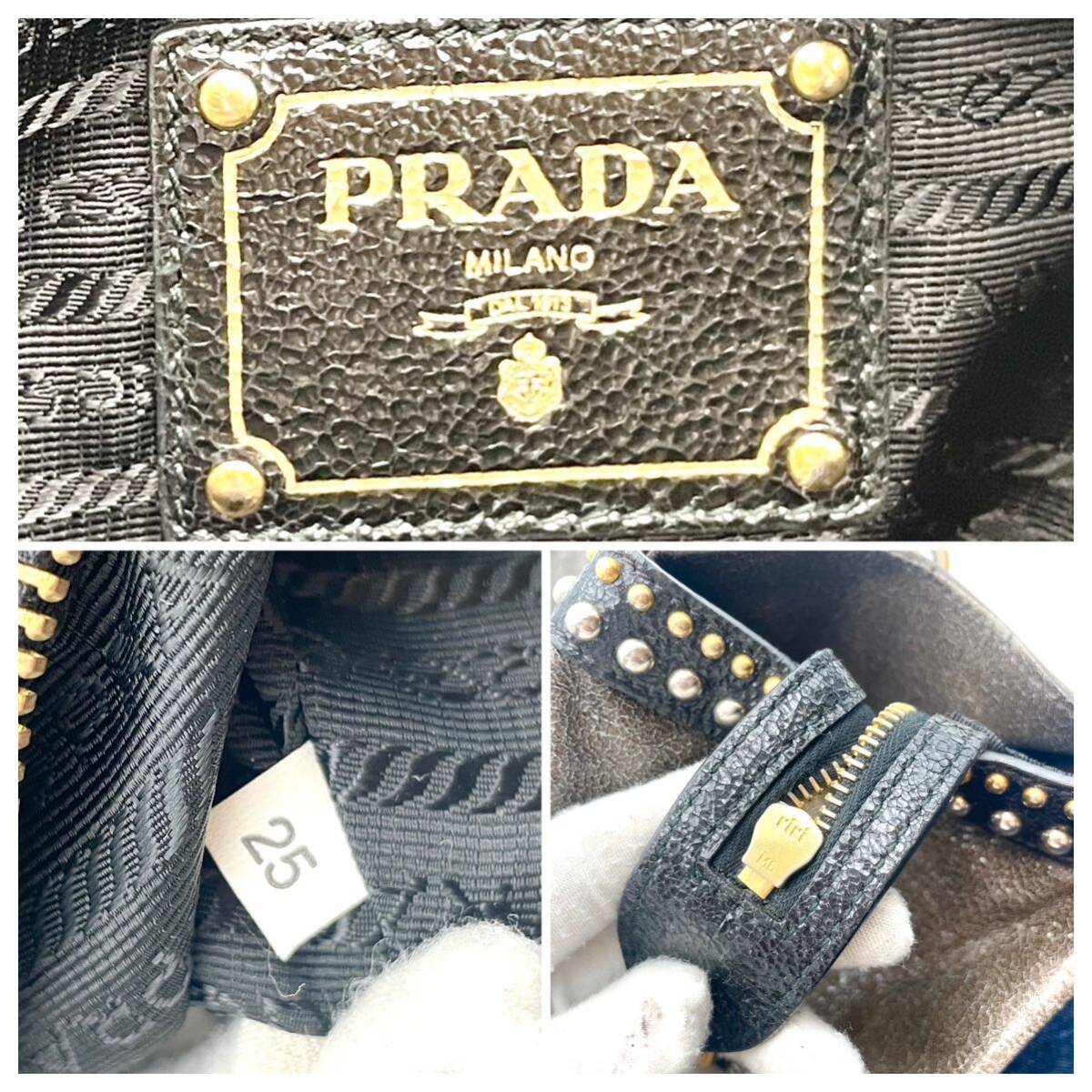 1円 希少 PRADA プラダ 2WAY トートバッグ ハンドバッグ ショルダーバッグ 手提げ 肩掛け レザー スタッズ ゴールド金具 三角ロゴ_画像10