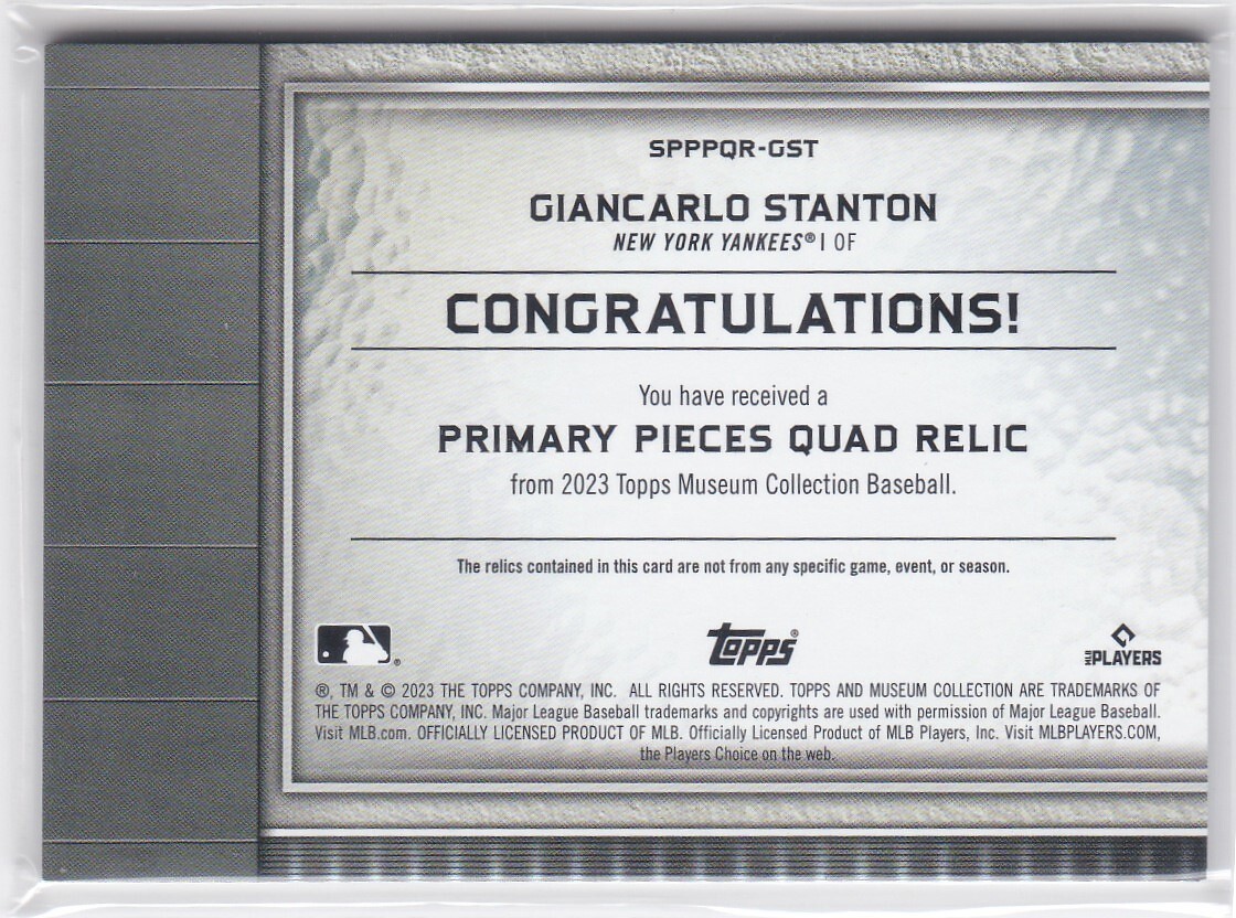 20枚限定! GIANCARLO STANTON (YANKEES) 2023 TOPPS MUSEUM COLLECTION PRIMARY PIECES QUAD RELIC JERSEY SAPPHIRE PARALLEL (#/20)の画像2