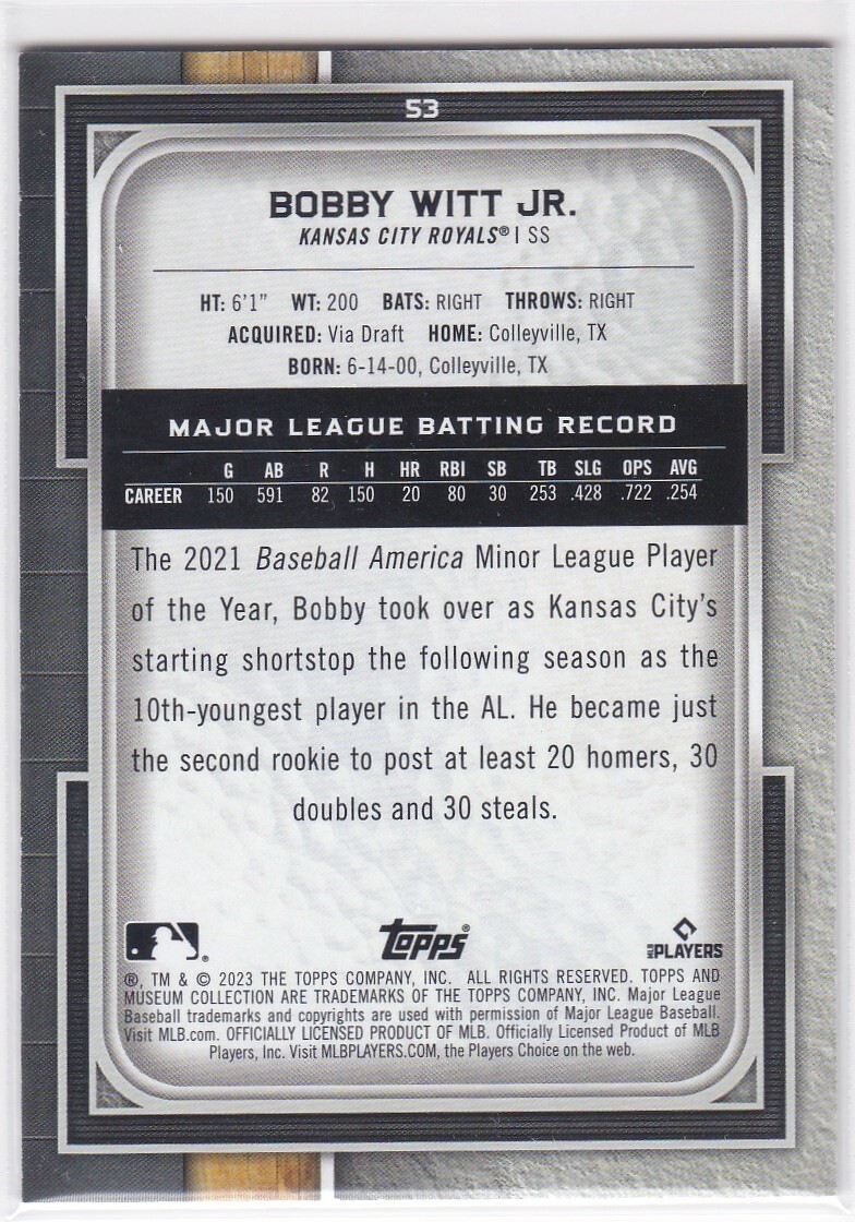 BOBBY WITT JR. (ROYALS) 2023 TOPPS MUSEUM COLLECTION BASEBALL BASE COPPER PARALLELの画像2