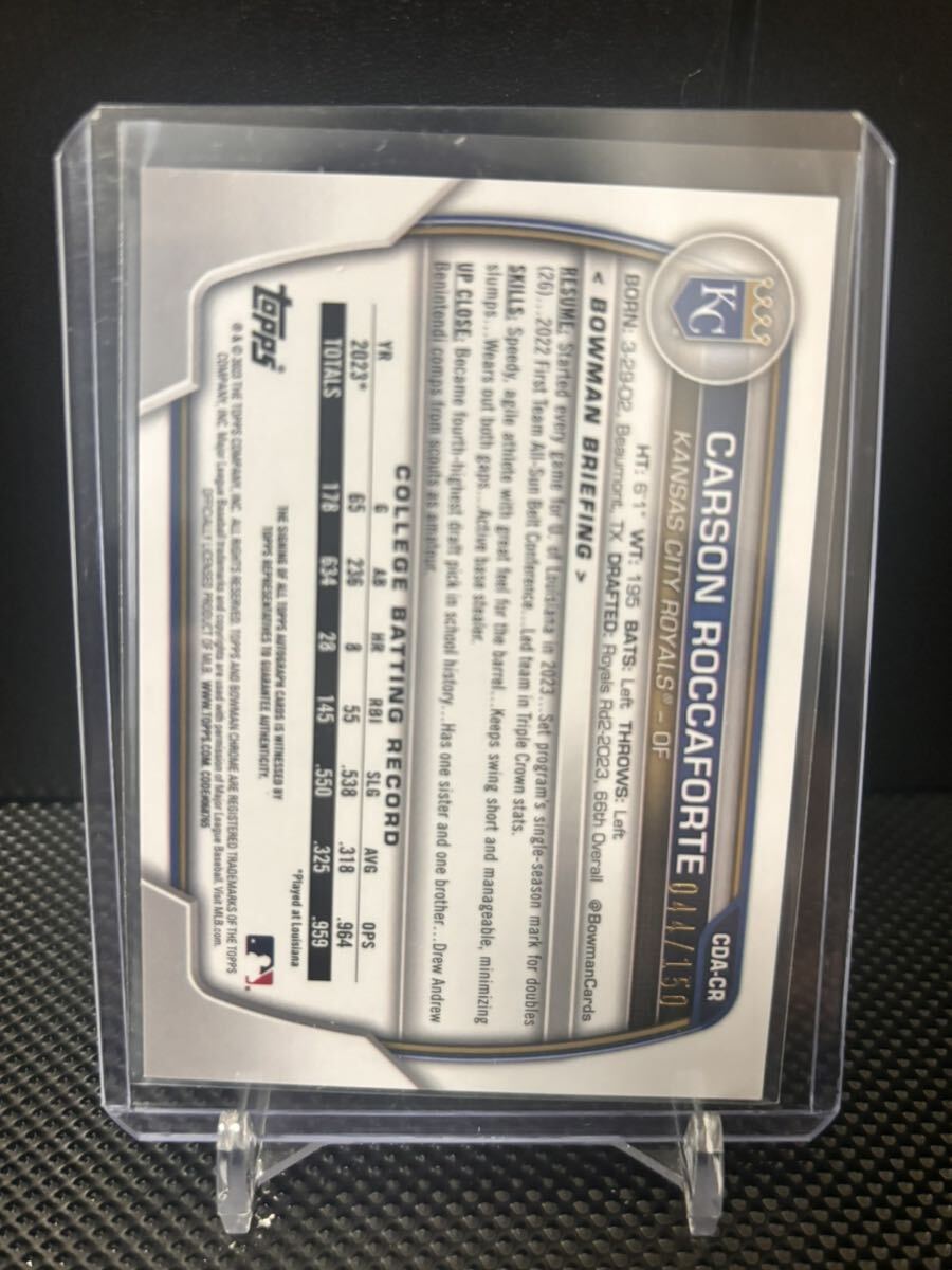 【150枚限定】 2023 Topps Bowman Draft Blue Refractor Carson Roccaforte 直書きサイン AUTO 1st Bowmanの画像2