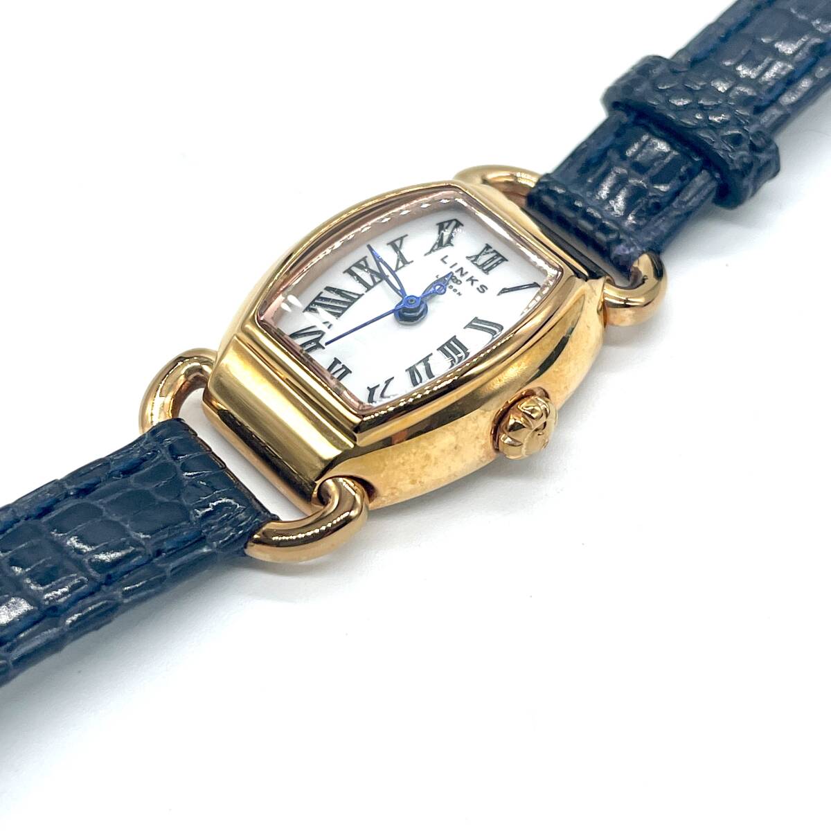 美品 稼働品 LINKS OF LONDON リンクスオブロンドン ドライバー クォーツ 腕時計 ゴールド レザーベルト ジュエリーウォッチ トノー型
