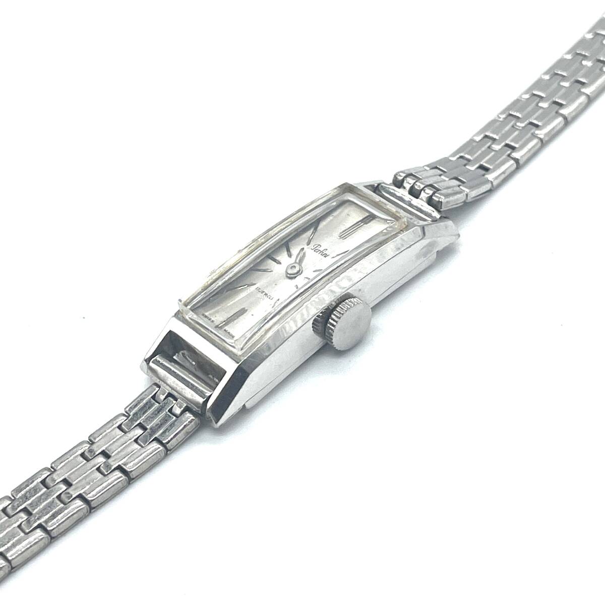 稼働品 Perfine パーフィン K14WG ヴィンテージ 手巻き 機械式 腕時計 17石 スクエア ホワイトゴールド 約14.0g