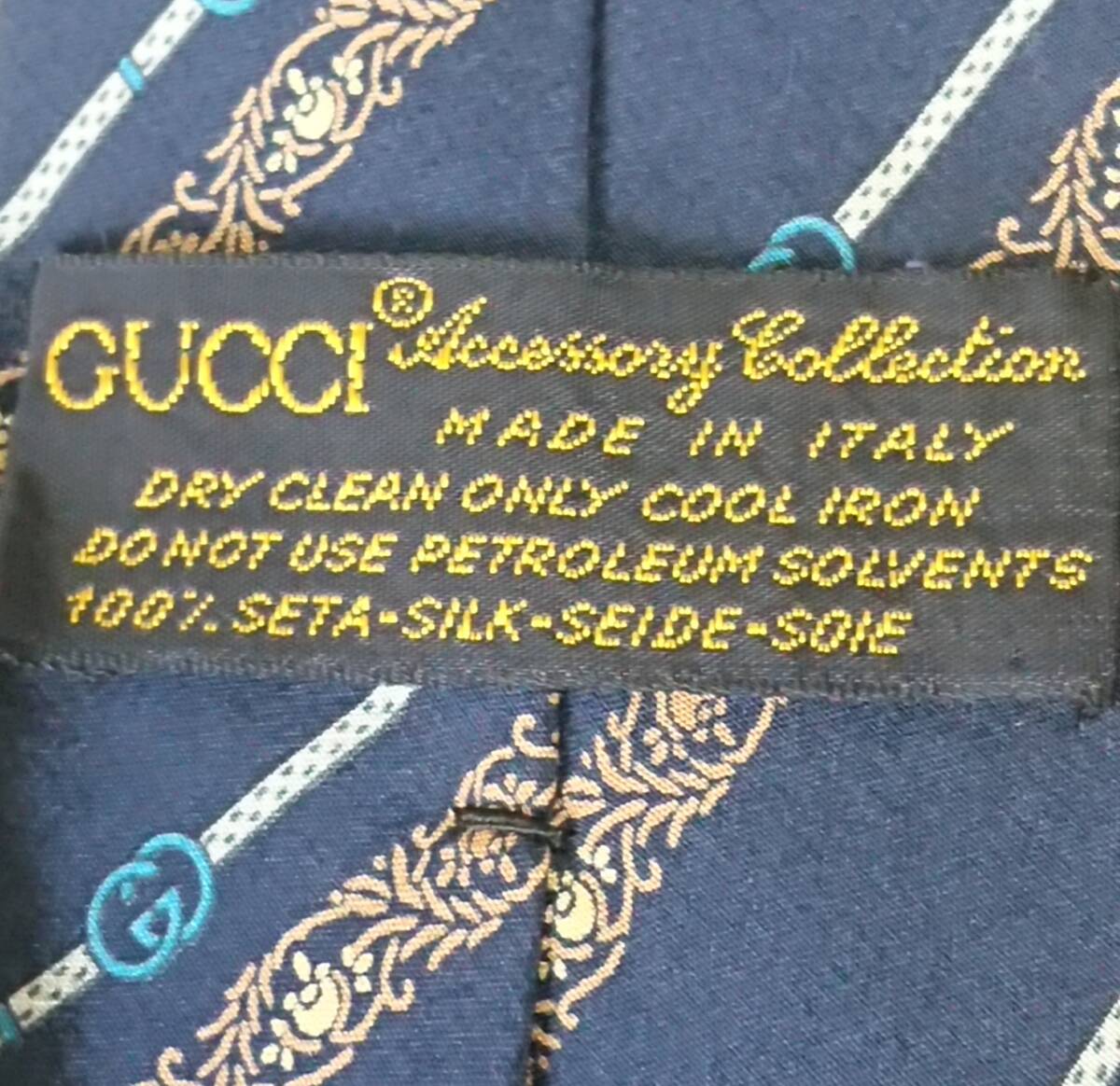 グッチ　GUCCCI ネクタイ レギュラータイ ストライプ　花柄ライン?ベルトライン ネイビー シルク ブルー ホースビット GG柄 イタリア制