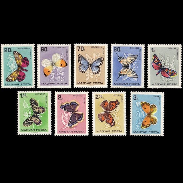 k5260 蝶々 ハンガリー 1966年 外国切手9種 未使用【蝶切手 古切手 海外切手】蒸気猫パーツ