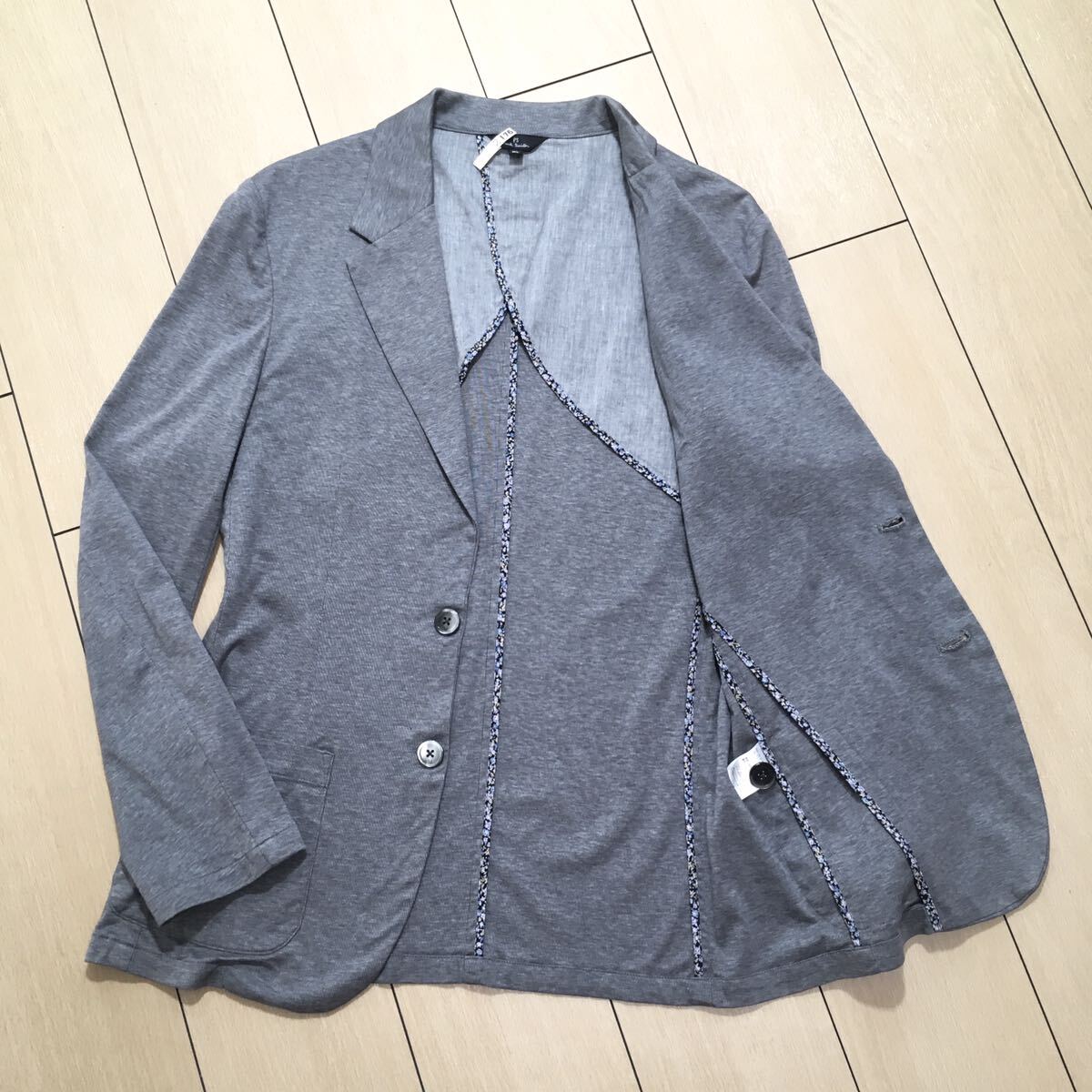 美品★ポールスミス テーラード ジャケット Paul Smith コットン ストレッチ生地 ニットジャケット グレー アンコン 春夏秋 XL A640_画像1