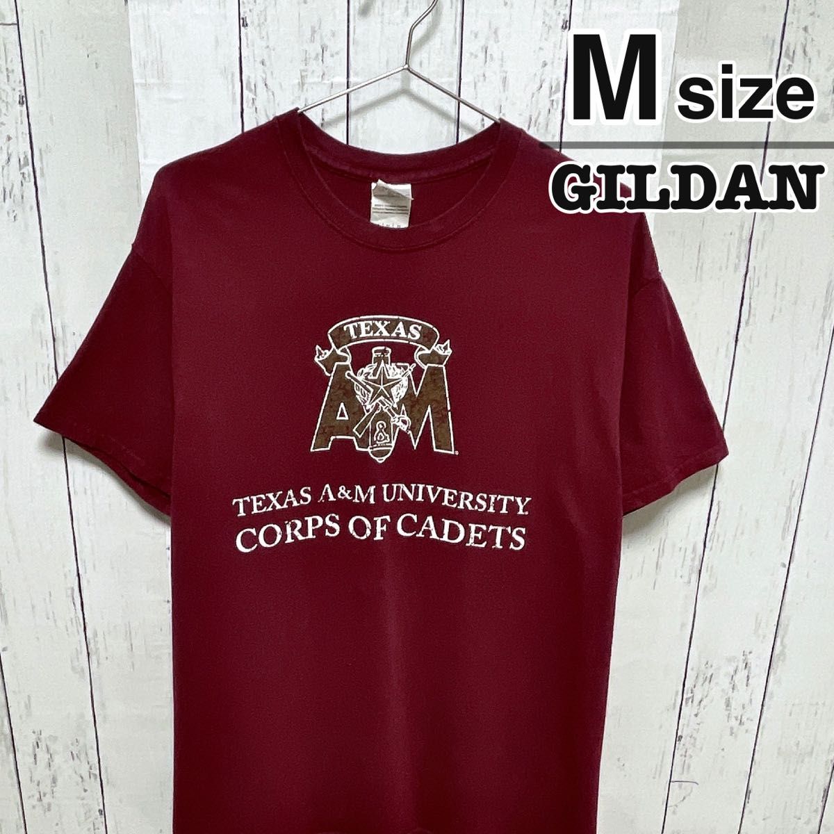 USA古着　GILDAN　Tシャツ　M　ワインレッド　ボルドー　赤　カレッジロゴ