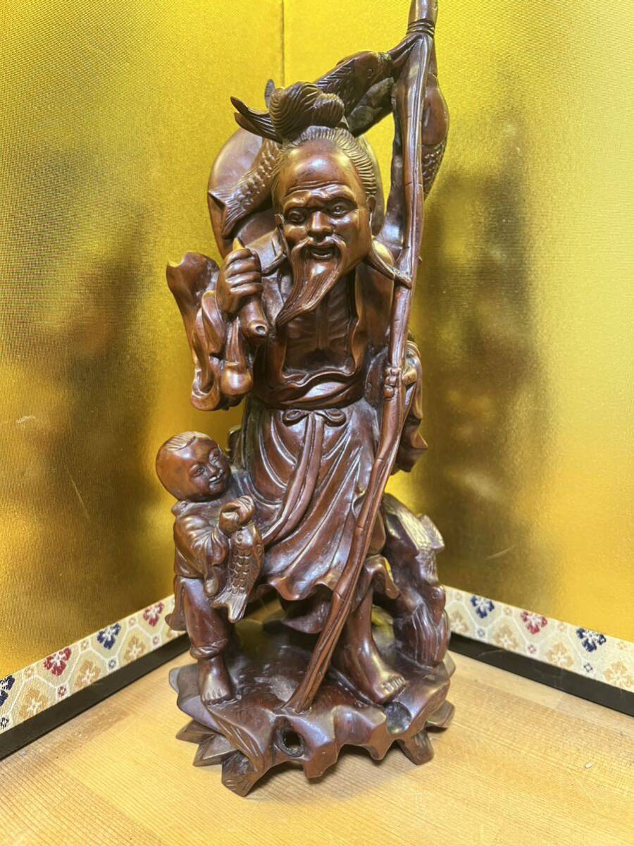 老仙人と子供 置物 彫刻 仏教美術 木彫 一刀彫りアンティーク 高さ約265mm 重量約597gm_画像1