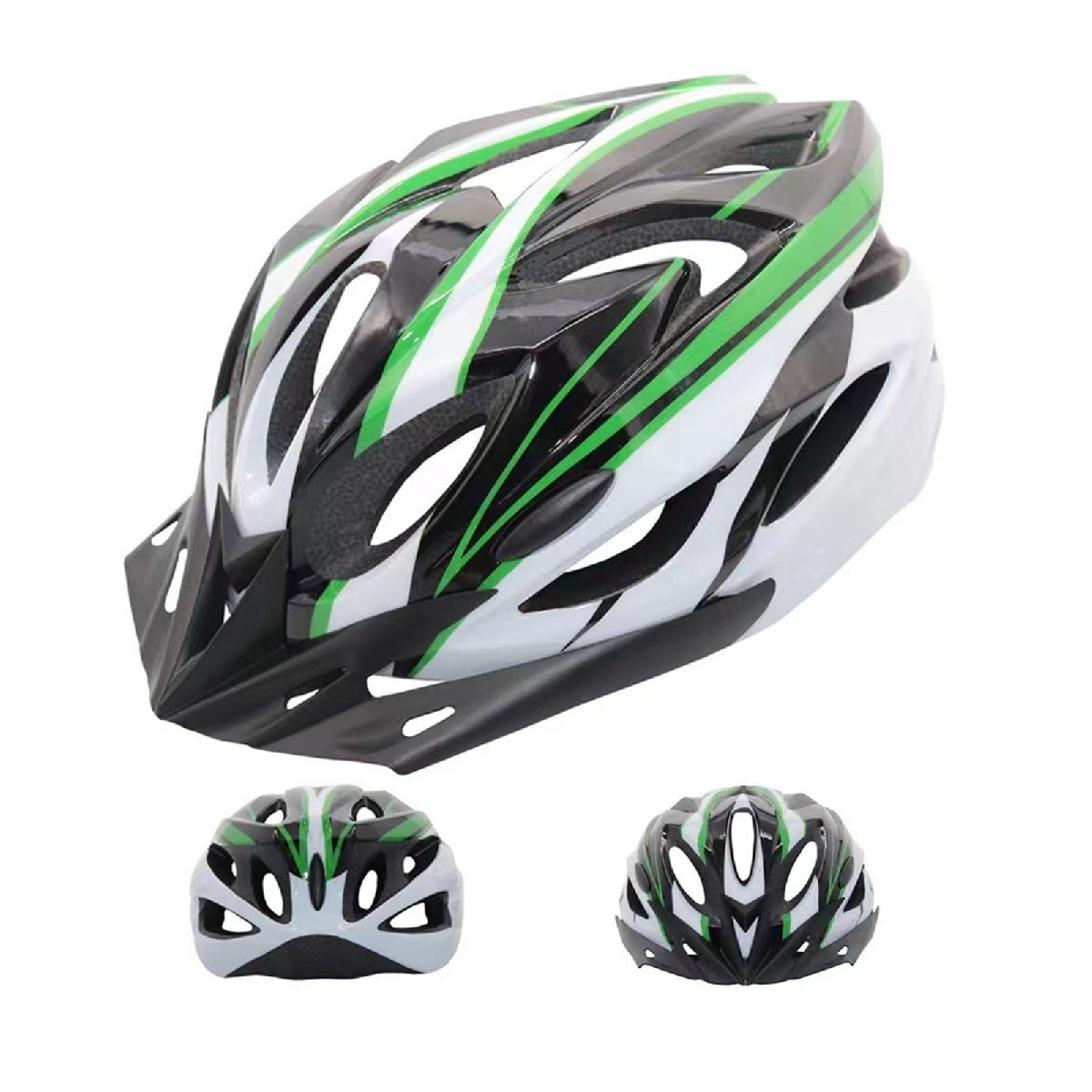 自転車ヘルメット/サイクリングヘルメット/ブラック＆グリーン/サイズ調整可能/54cm～61cm/ダイヤル式/超軽量/安全/通気性/バイザー付きの画像1