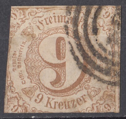 1862年旧ドイツ トゥルン＆タクシス数字図案切手 南部地区 9kr_画像1